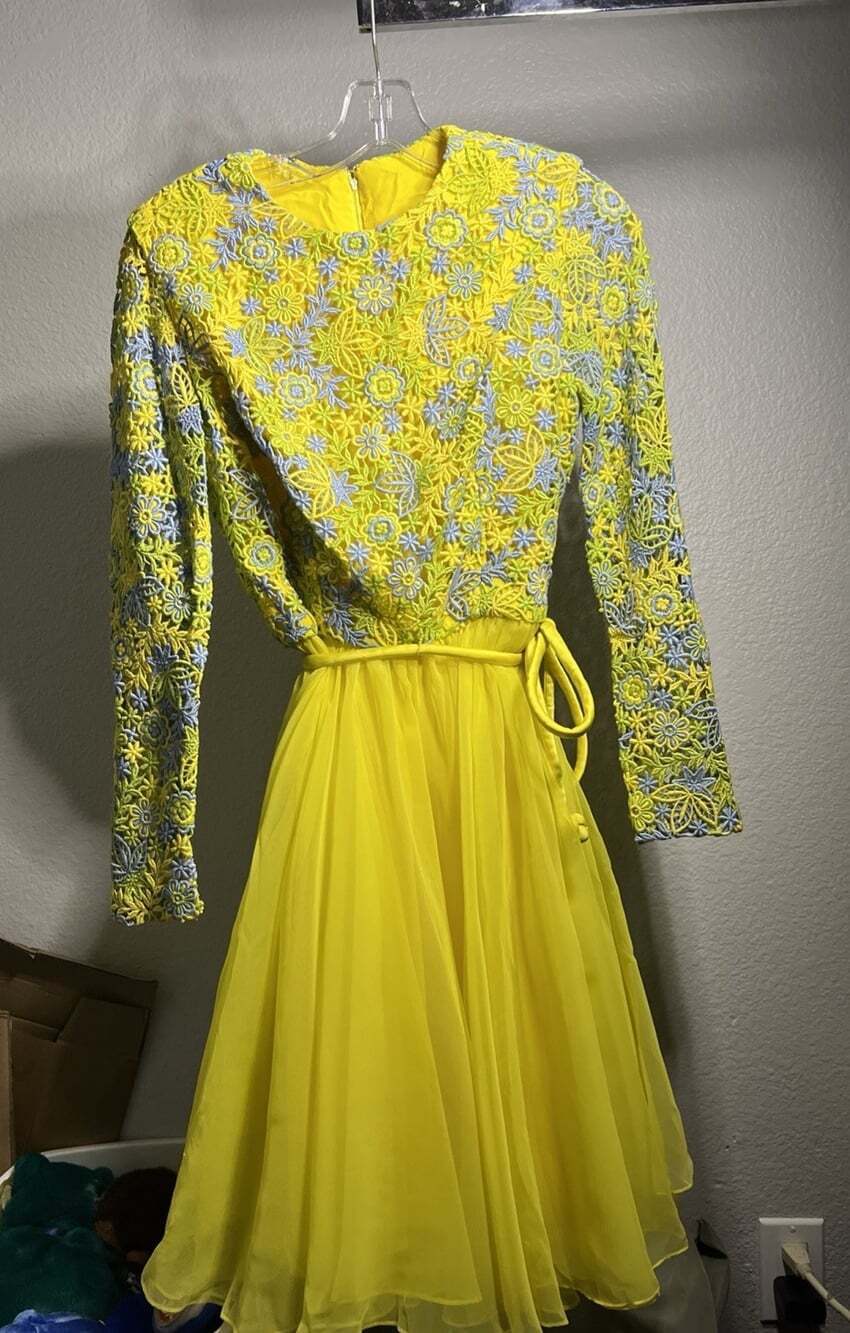 Gunne Sax Vintage Sheer Crochet Dress Yellow Multi Color Long Sleeves X/Small